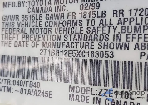 1999 Toyota Corolla Ce from USA, damaged, VIN 2T1BR12E5XC183053